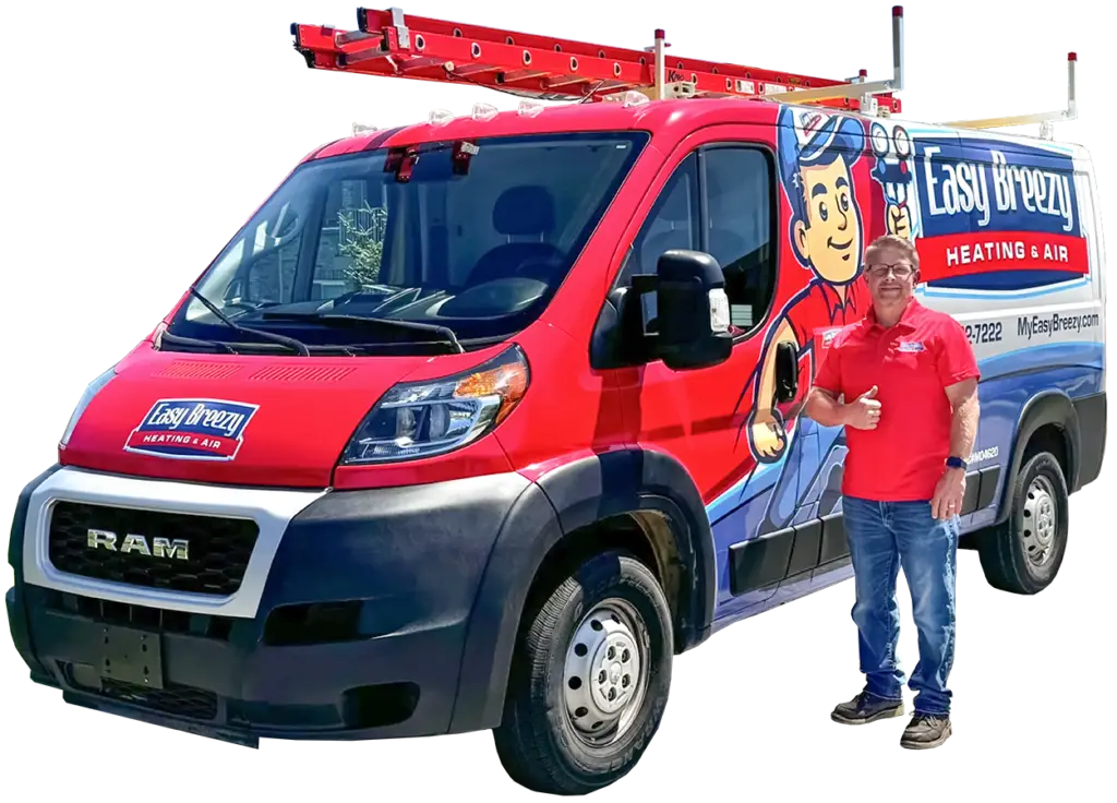 Easy Breezy Heating and Air technician providing HVAC services in Florence, Kentucky, standing next to a company-branded service vehicle.