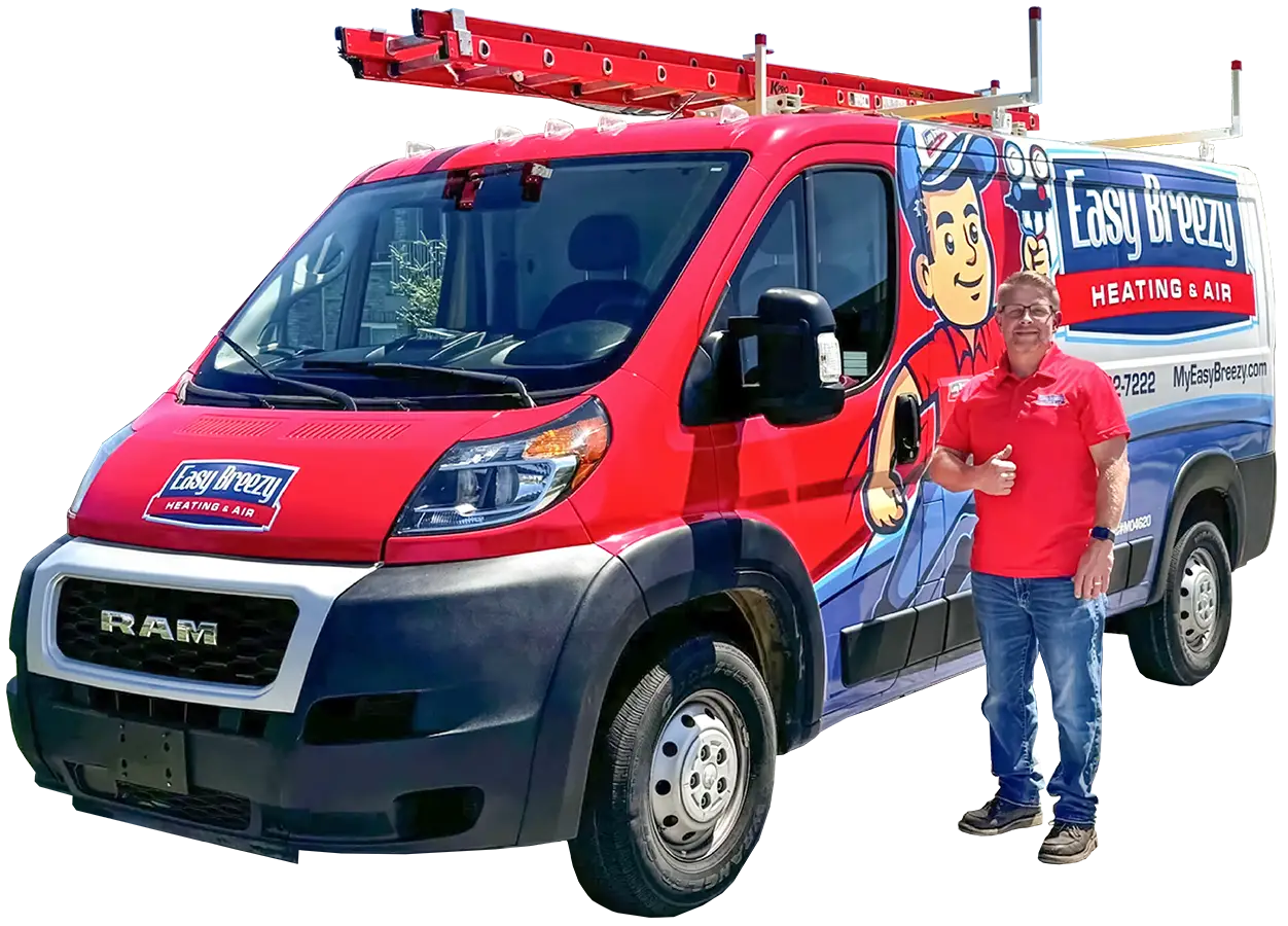 Easy Breezy Heating and Air technician providing HVAC services in Florence, Kentucky, standing next to a company-branded service vehicle.